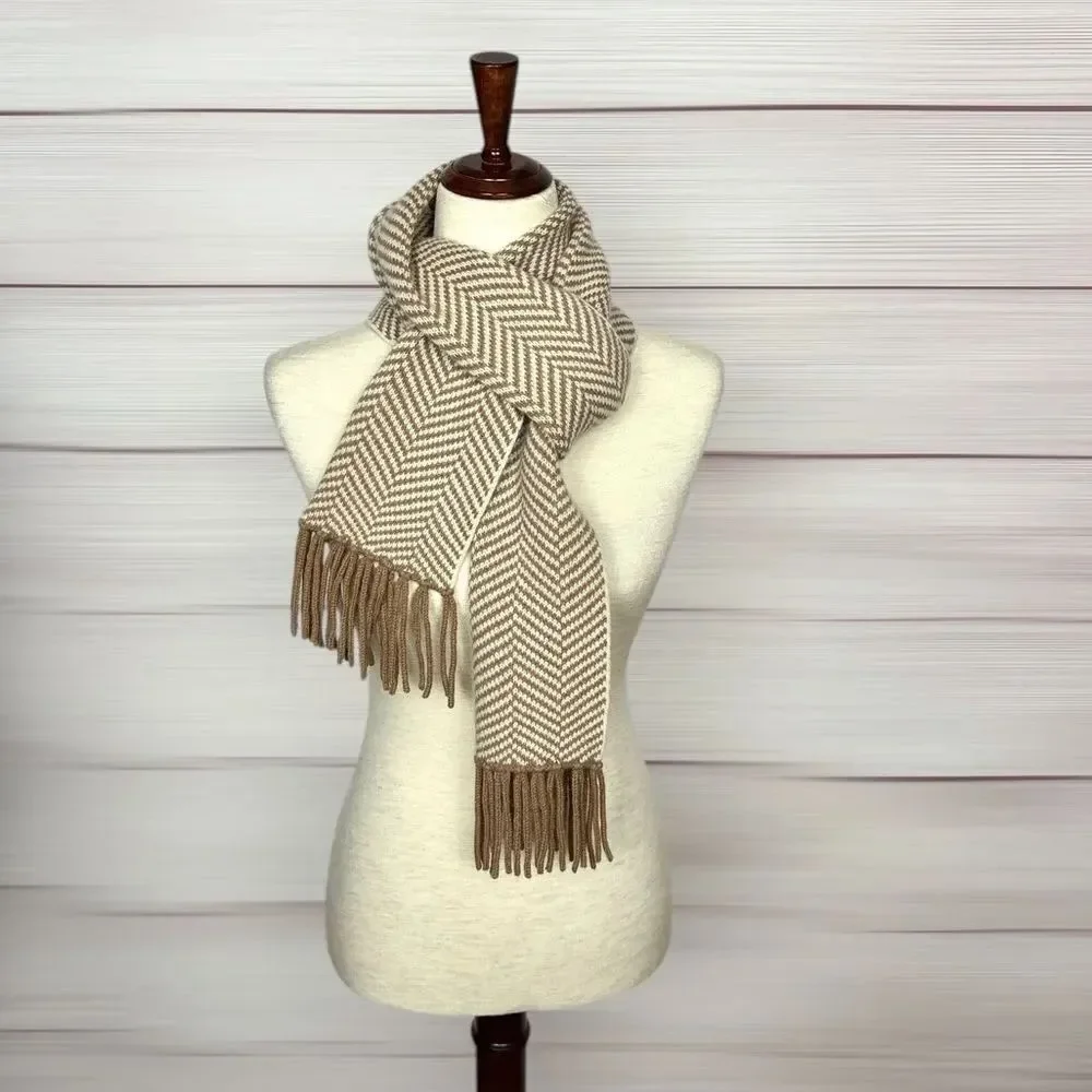 Lauren Ralph Lauren Wool Herringbone Scarf Tan Beige With Fridges Men's Women's